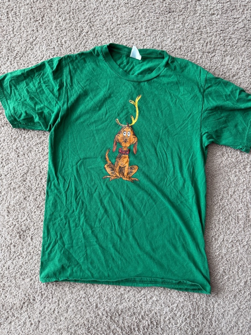 Green Graphic Tee with Cartoon Dog and Antler